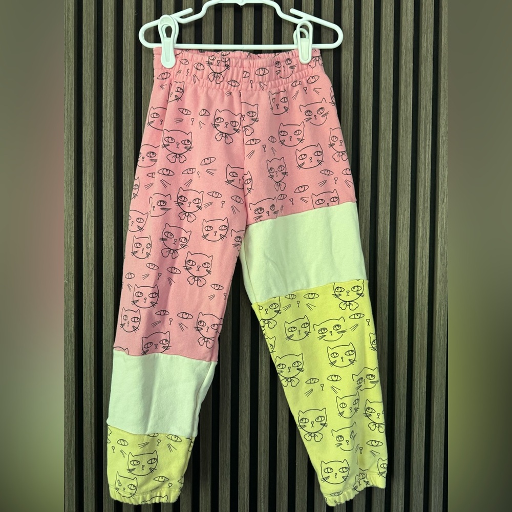 Mini Rodini Cat Print Joggers 5-7 - Pink, White, Yellow